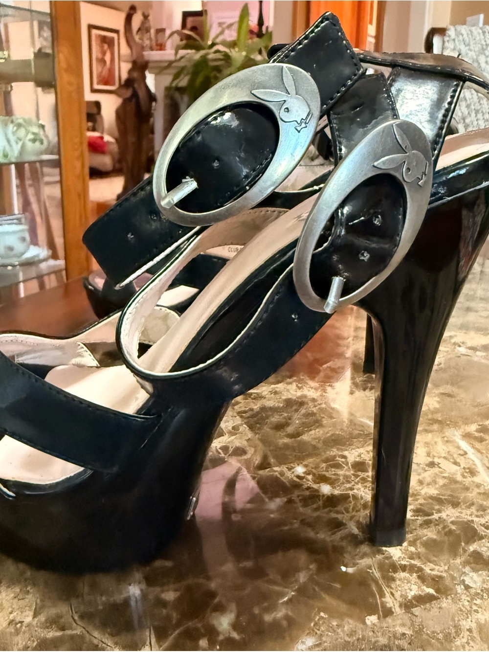 PLAYBOY Black Patent Platform Heels with Silver Bunny Buckles